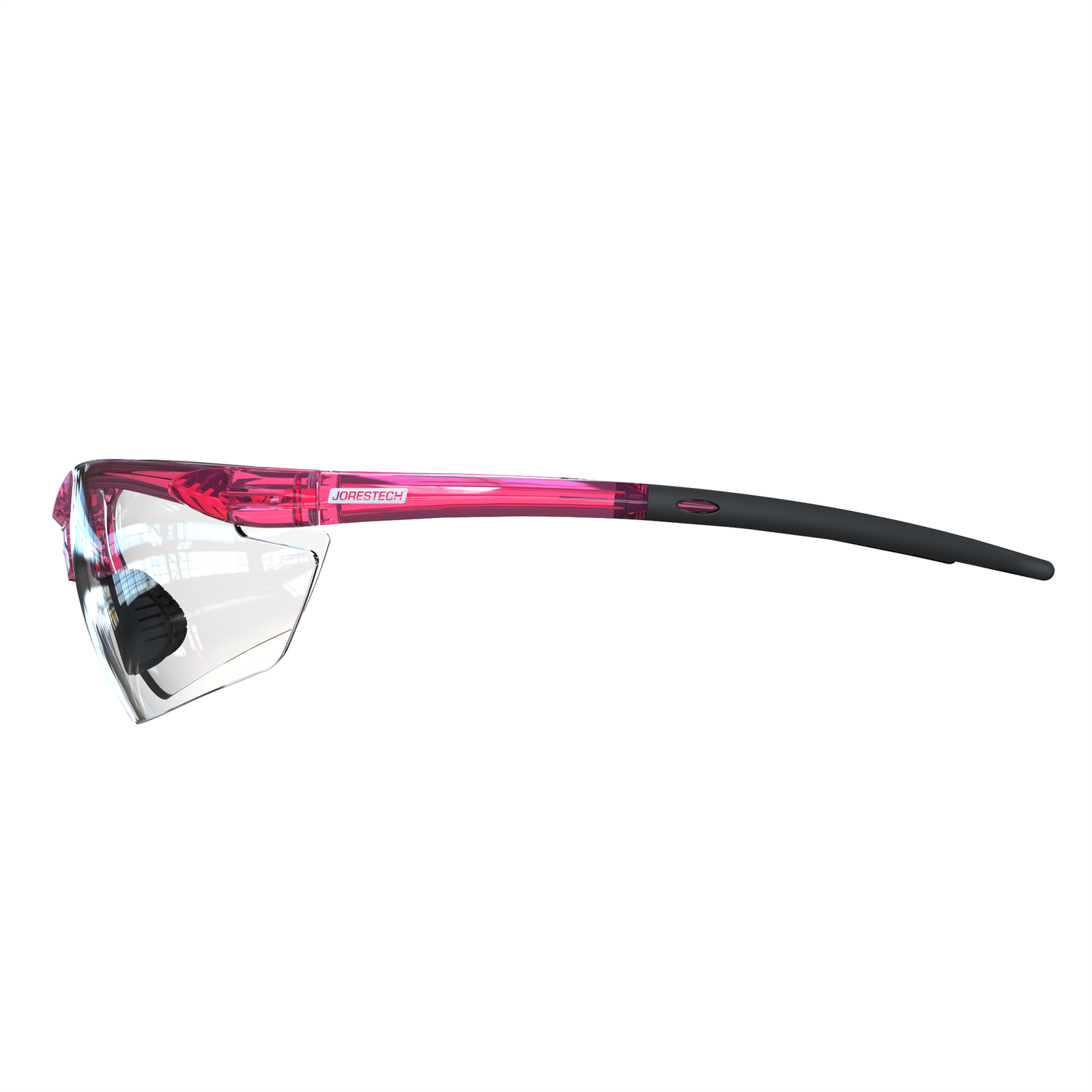 High impact polycarbonate safety glasses with flexible rubber temple with clear lenses and pink frame and temples