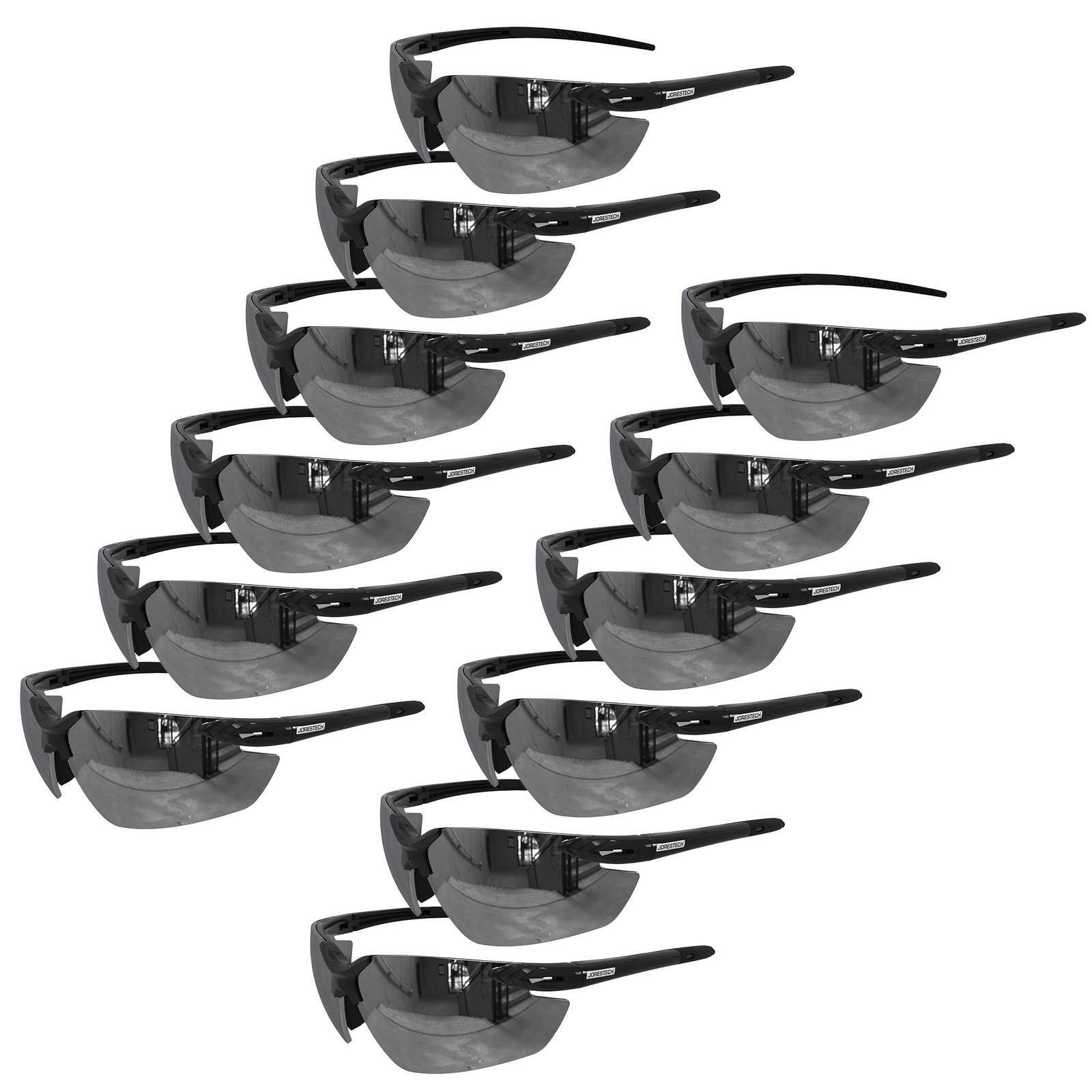 set of 12  wrap around safety glasses with flexible rubber temple with white mirror lenses and black frame