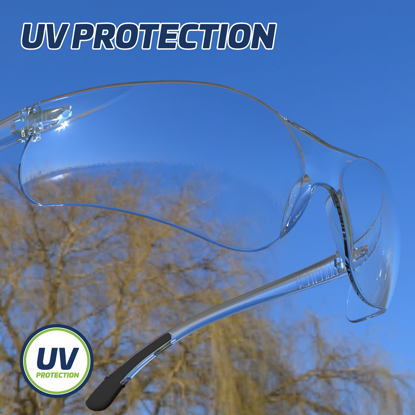 Close up view of the clear High impact Jorestech Safety glasses with a background of a blue sky and tree branches. Text Reads: UV protection.