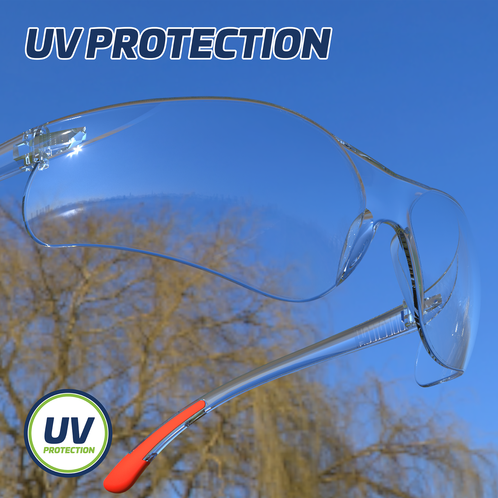 Close up view of the clear High impact Jorestech Safety glasses with a background of the sky and tree branches. Text Reads: UV protection.