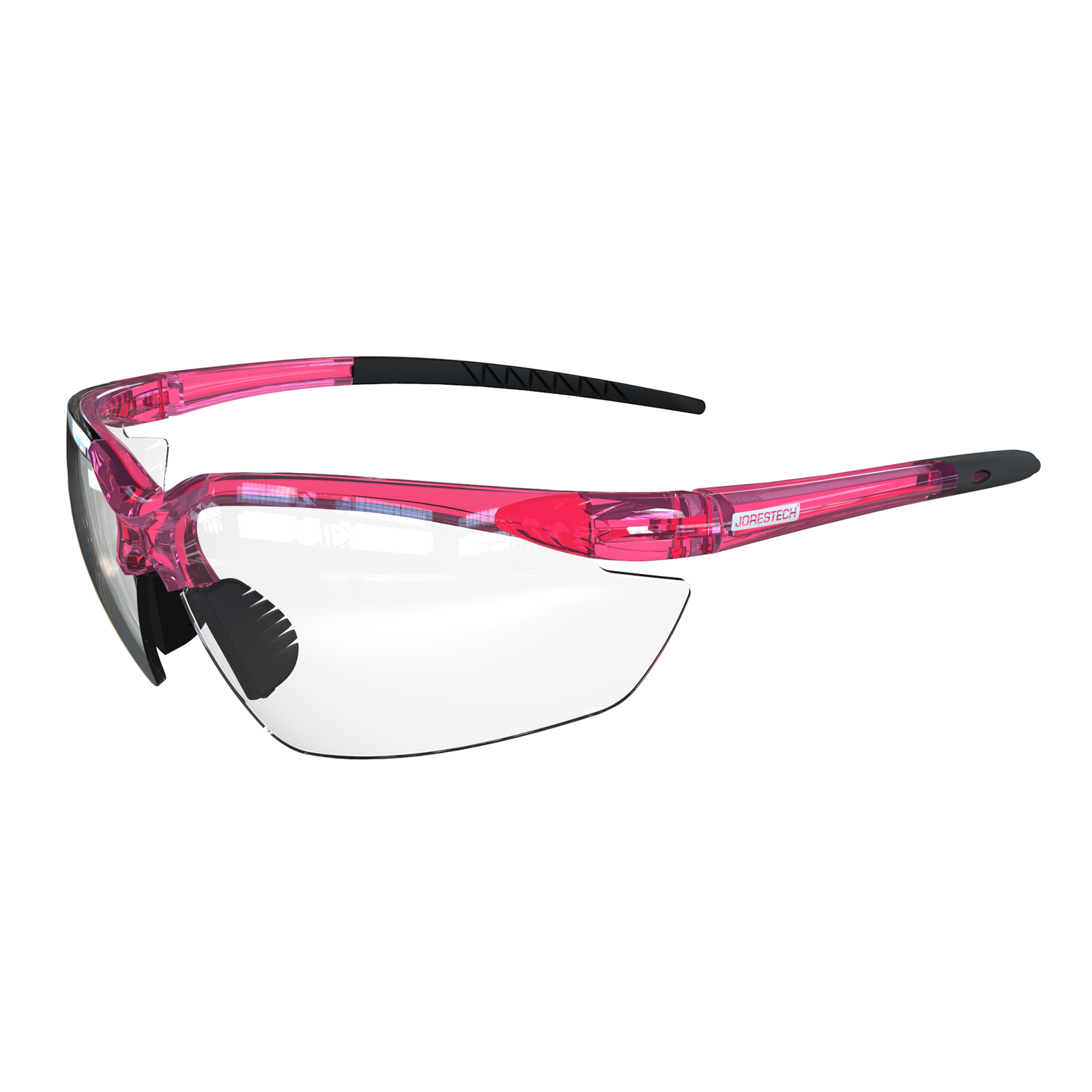 Wraparound safety glasses with flexible rubber nose bridge and temples tip for increased comfort