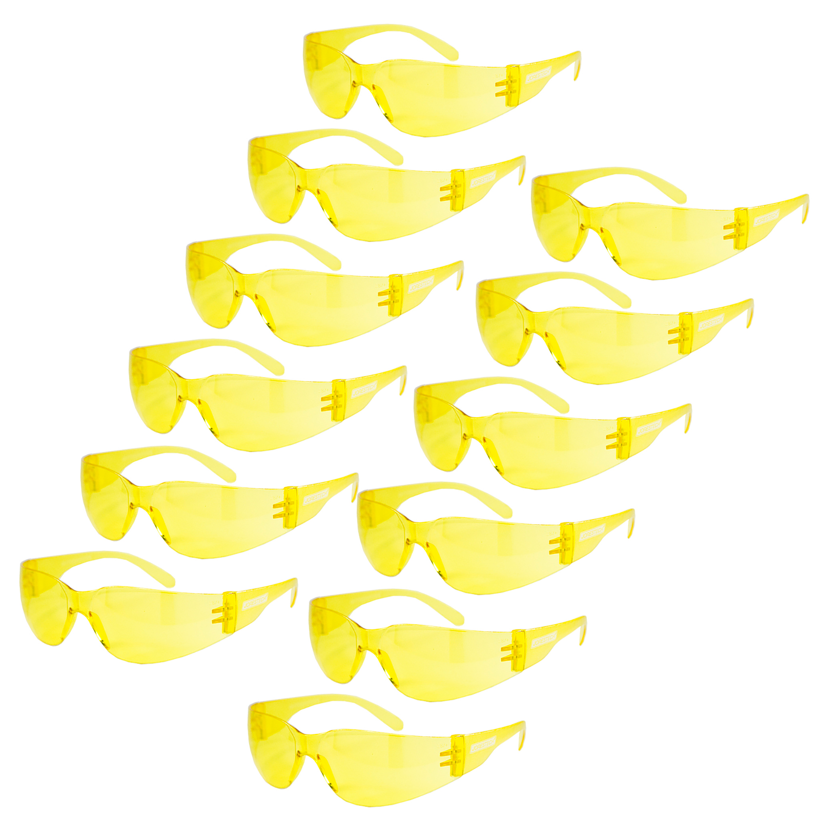 12 yellow JORESTECH Safety High Impact ANSI compliant safety glasses over white background is white