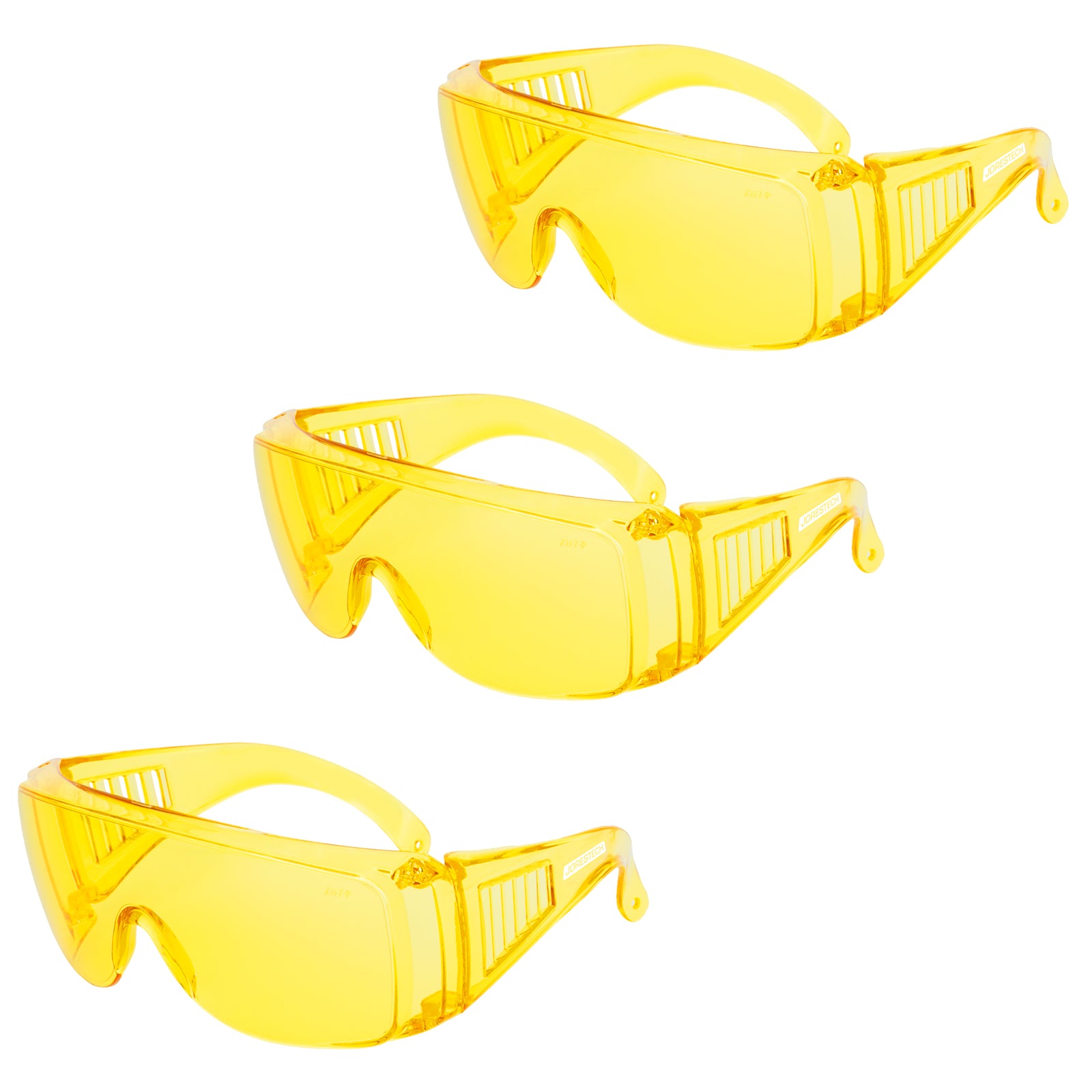 Pack of 3 yellow Jorestech safety over glasses for high impact protection on a white background