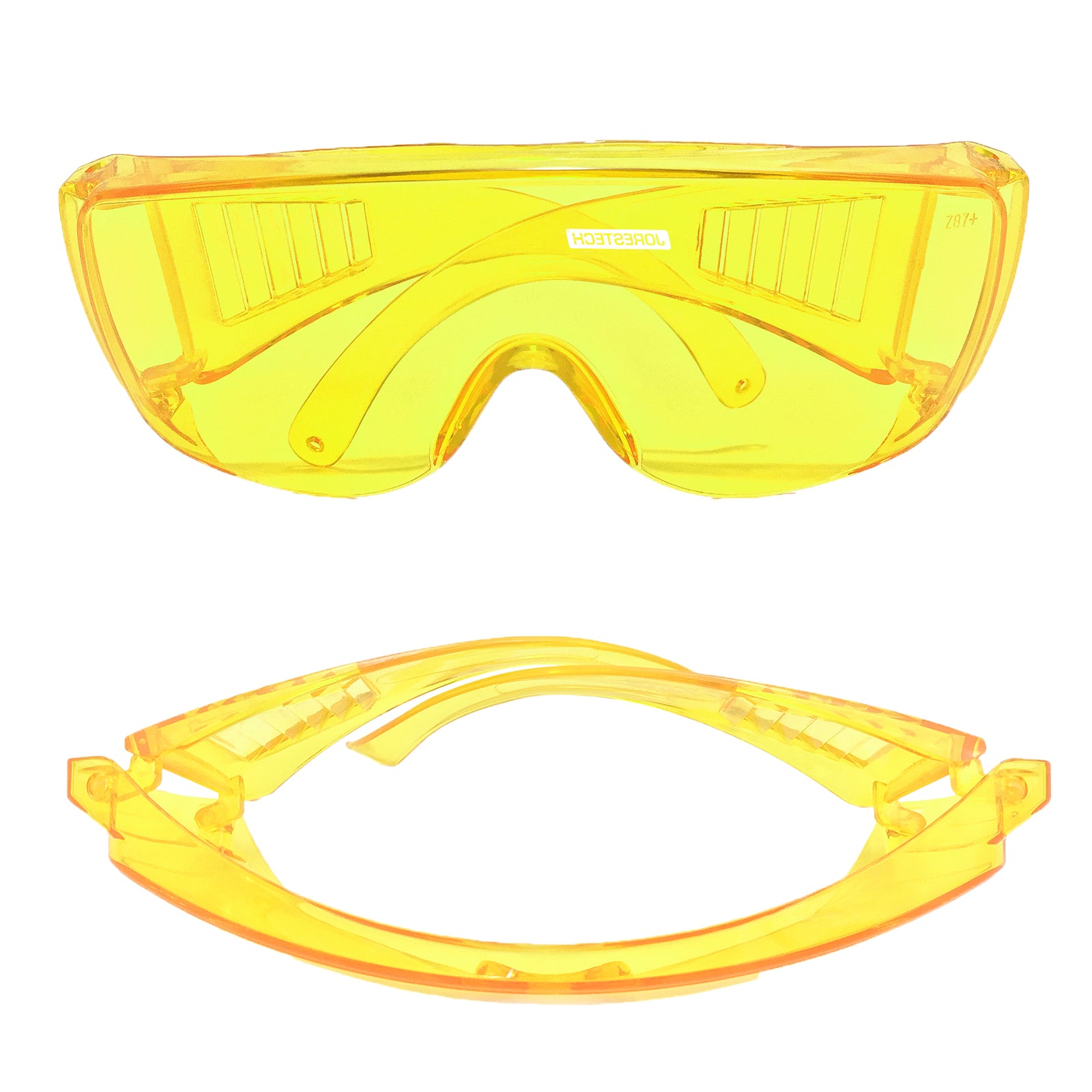 Features a front and top view of the yellow Jorestech safety overglasses for high impact protection with wide temples folded