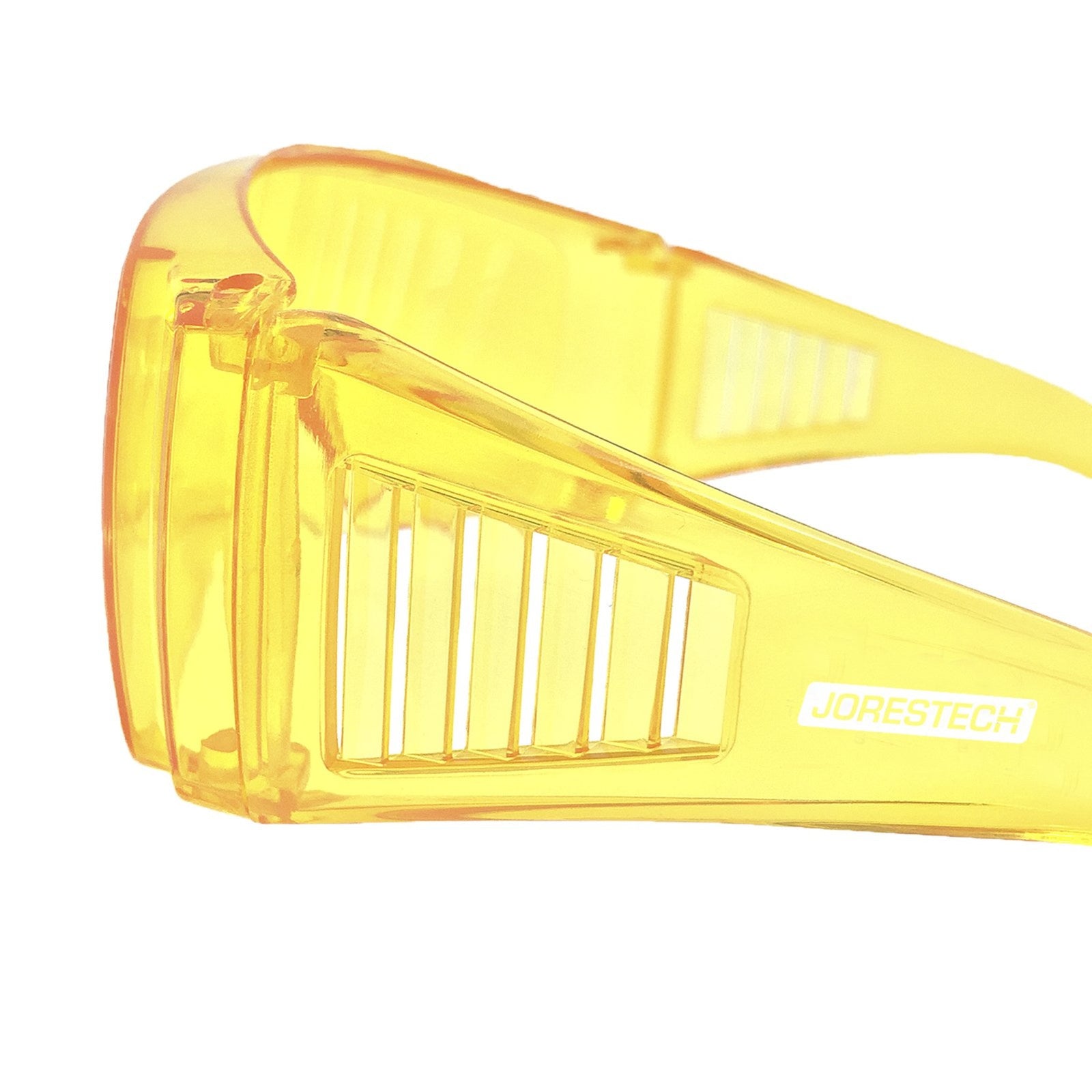 Side view of the yellow Jorestech safety overglasses for high impact protection on a white background