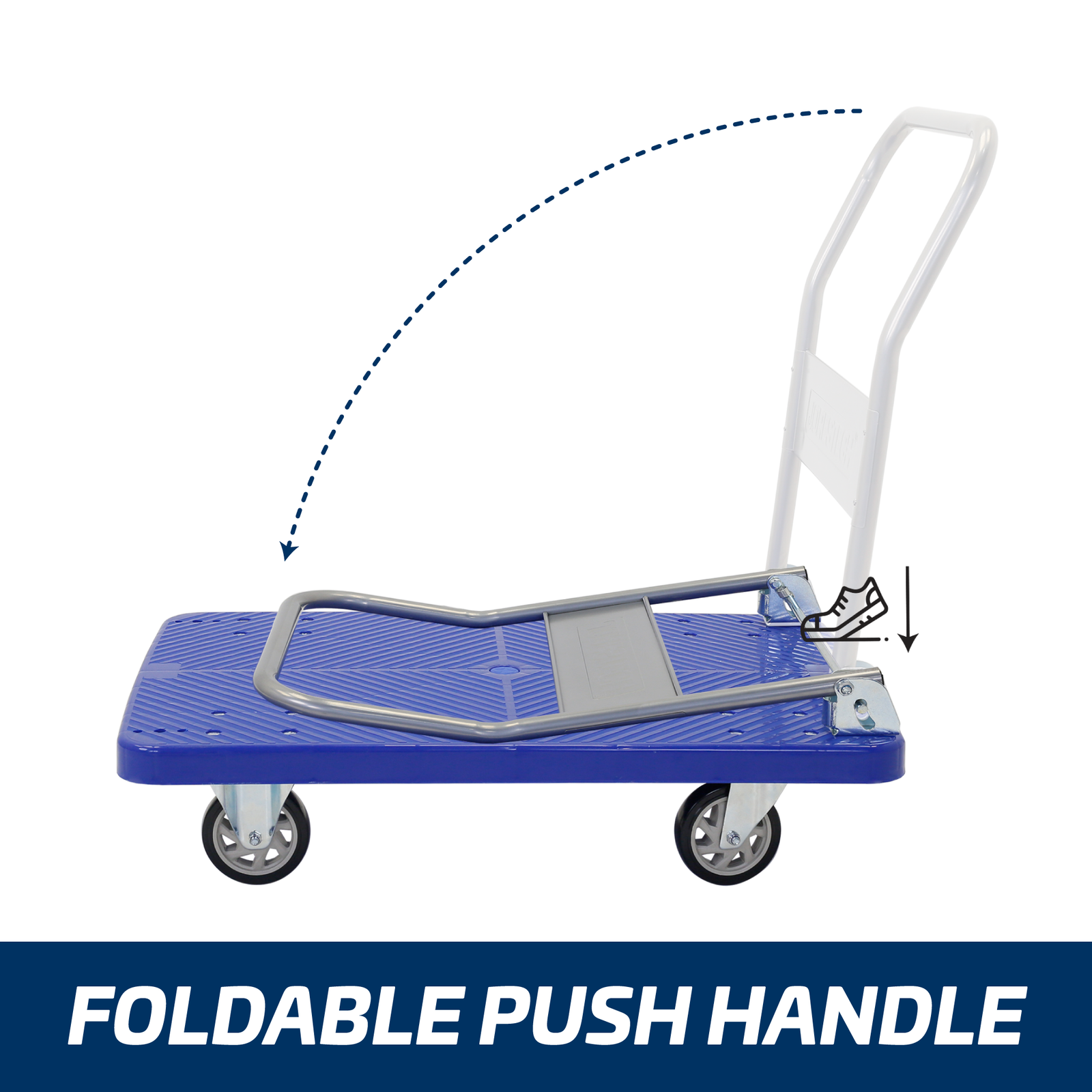 Side view of the Jorestech foldable platform cart showing where to step to make handle collapse for easy storage and transportation