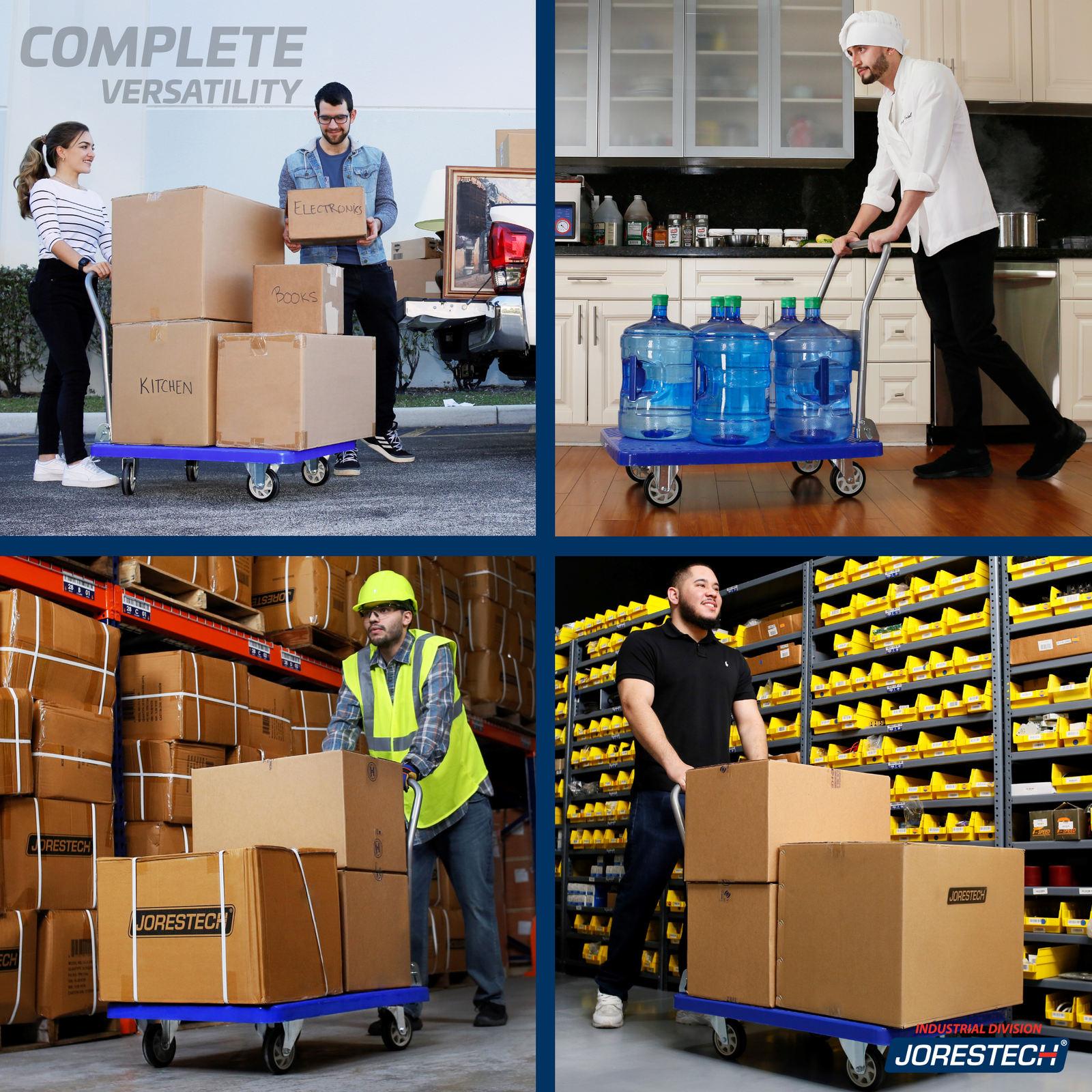 Split banner in four showing the JORES TECHNOLOGIES® foldable platform cart being used for moving belongings, in a professional kitchen transporting large water jugs, and in  two different warehouses departments