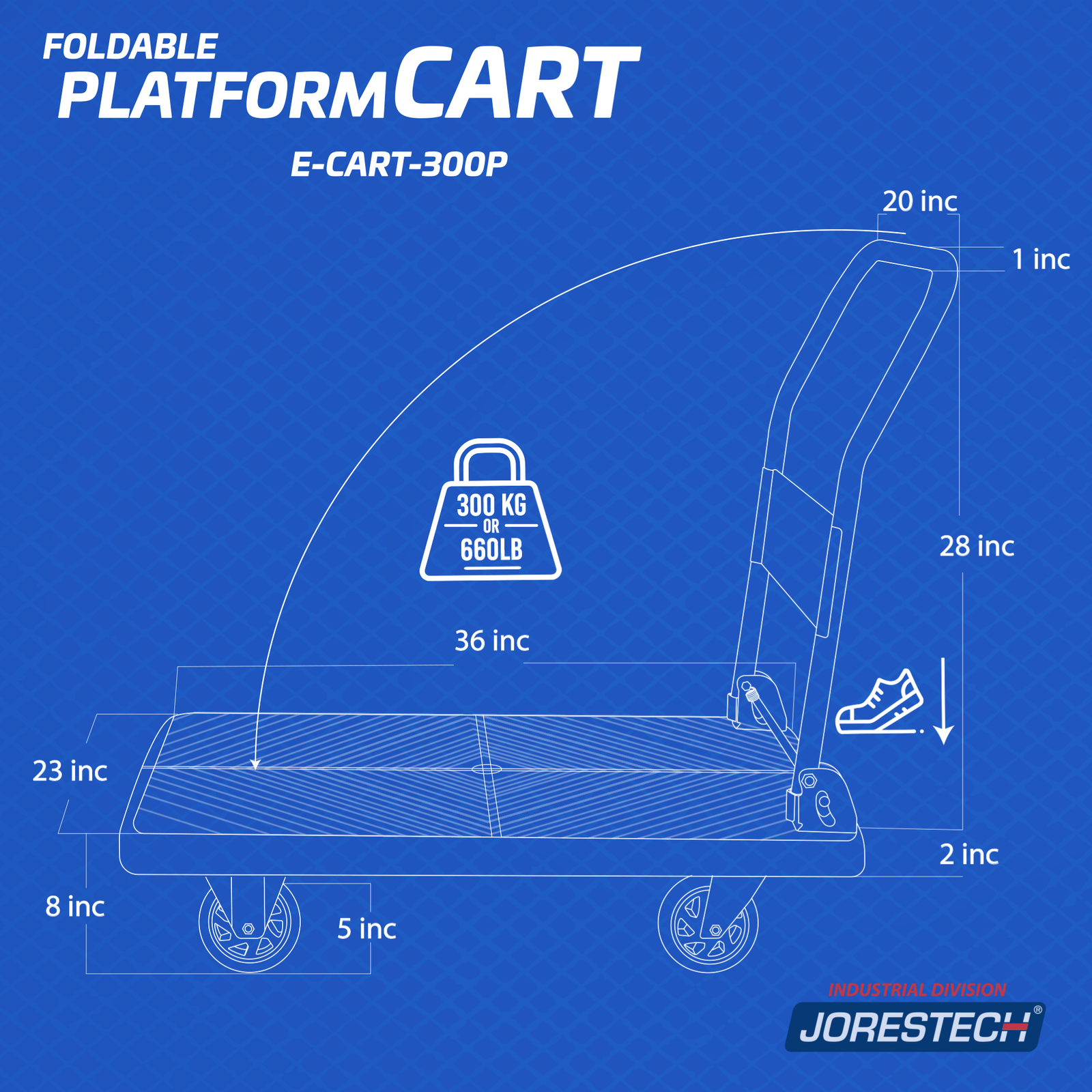 Graphic of the jorestech foldable platform cart showing the max weight the cart can handle which is 300KG or 660LB and also measurements of  the platform of the dolly cart: 36inch x 23 inch