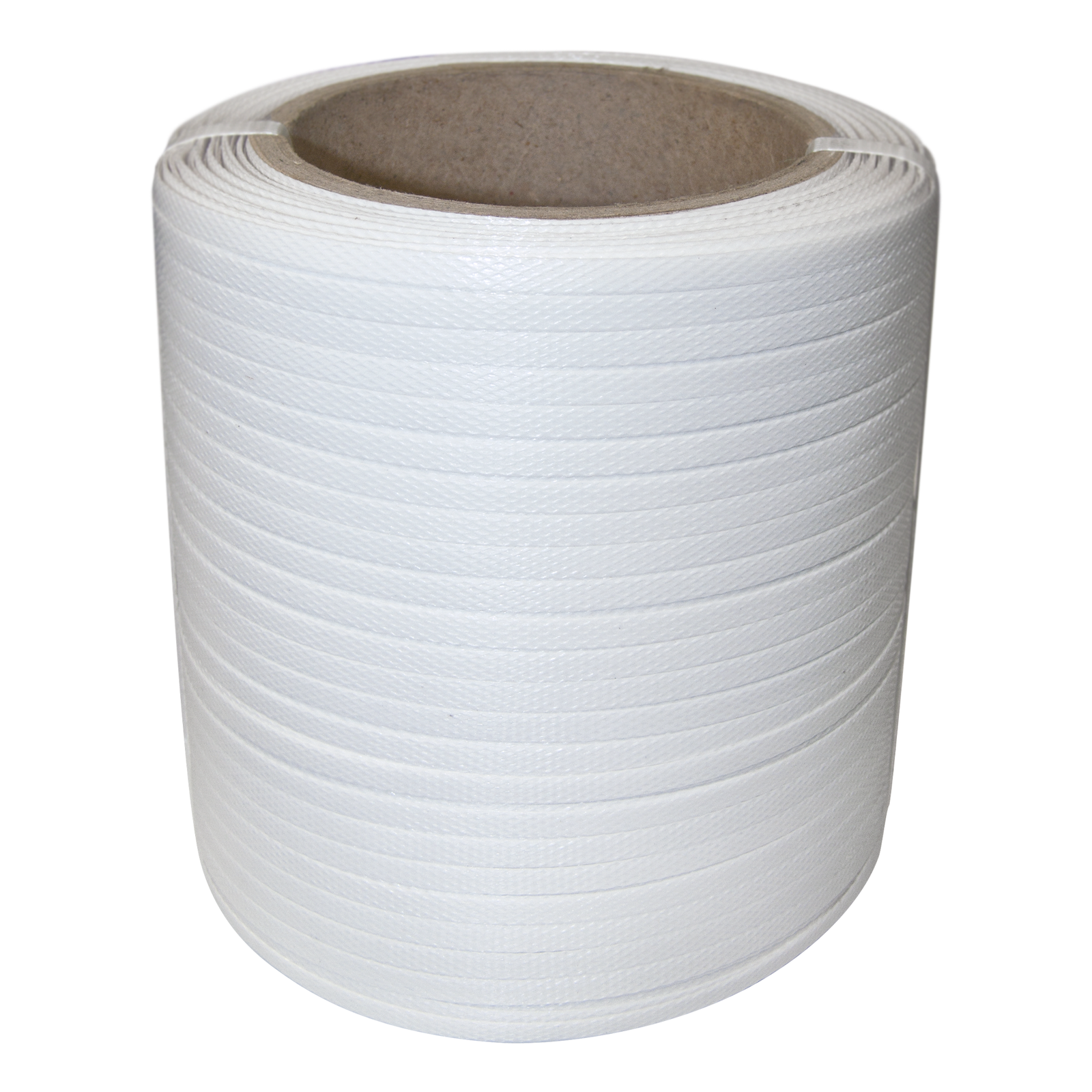 White roll of 1/4 inch thick poly strapping band 