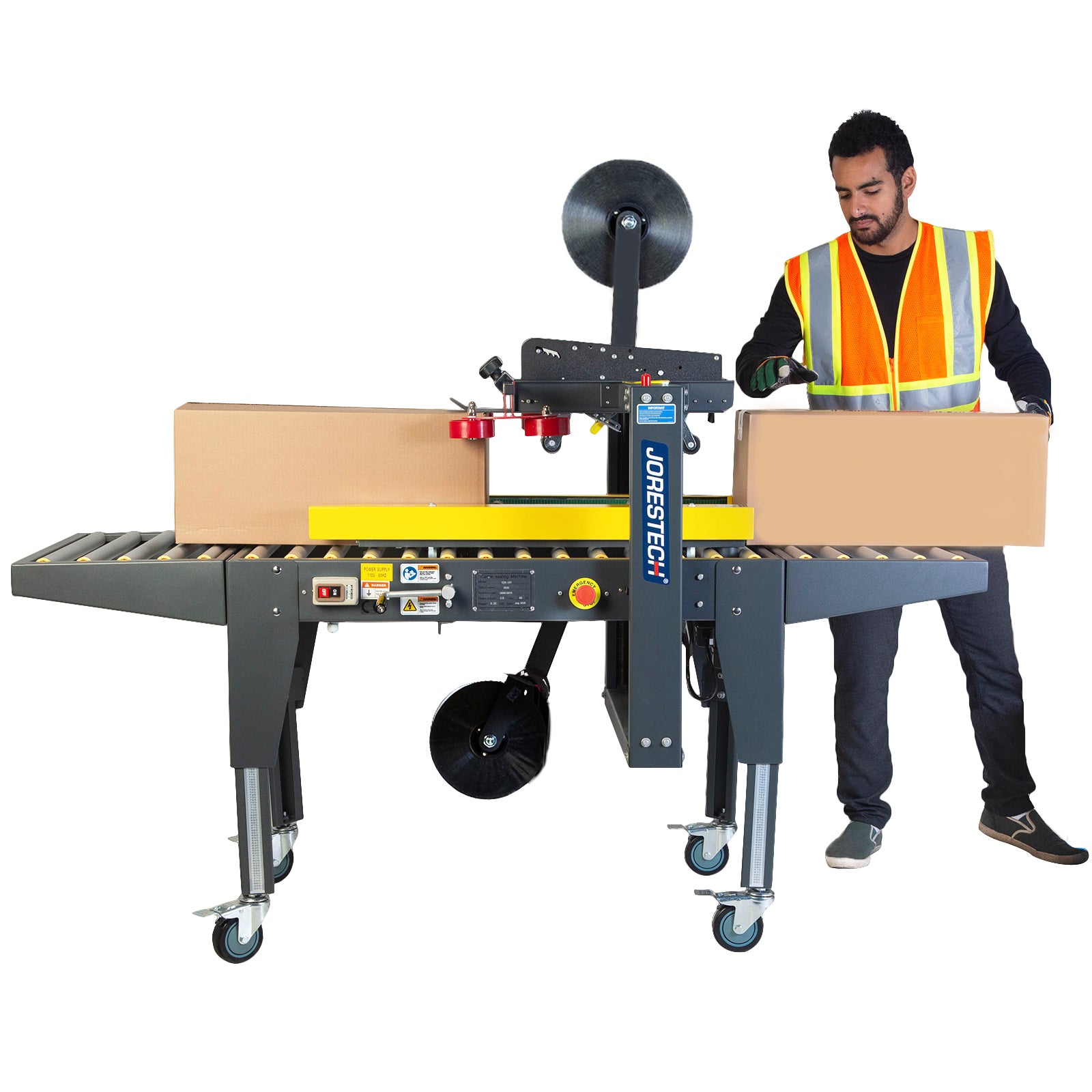 operator wearing orange safety vest and long black sleeves handling brown boxes into a semi-automatic  case sealer machine