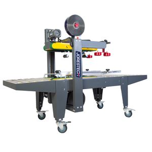 grey case sealer machine with yellow top and bottom traction bars with green bands and blue JORES TECHNOLOGIES® logo on the side