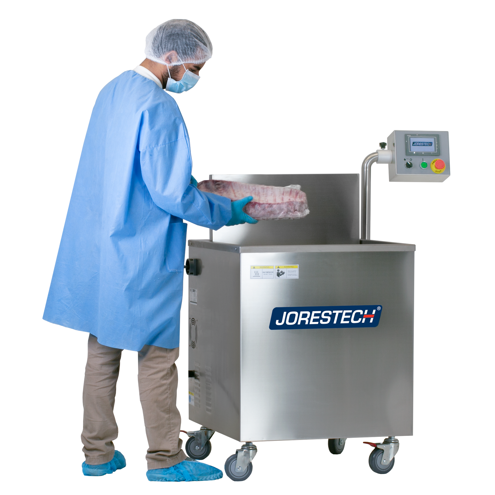 Person wearing disposable protective clothing removing a rack of ribs with shrink film from the tank of a JORES TECHNOLOGIES® semi-automatic dip style hot water shrink machine