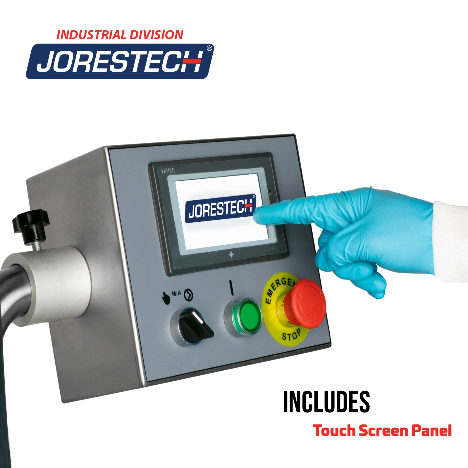 Person operating the touch screen control panel of the JORES TECHNOLOGIES® dip style hot water shrink and vacuum tank