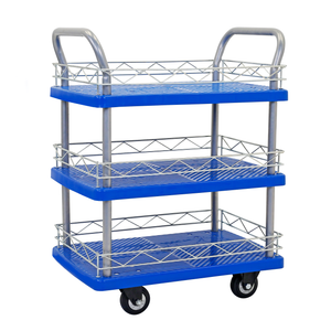 Diagonal view of the blue and silver JORESTECH 3 shelf utility push cart