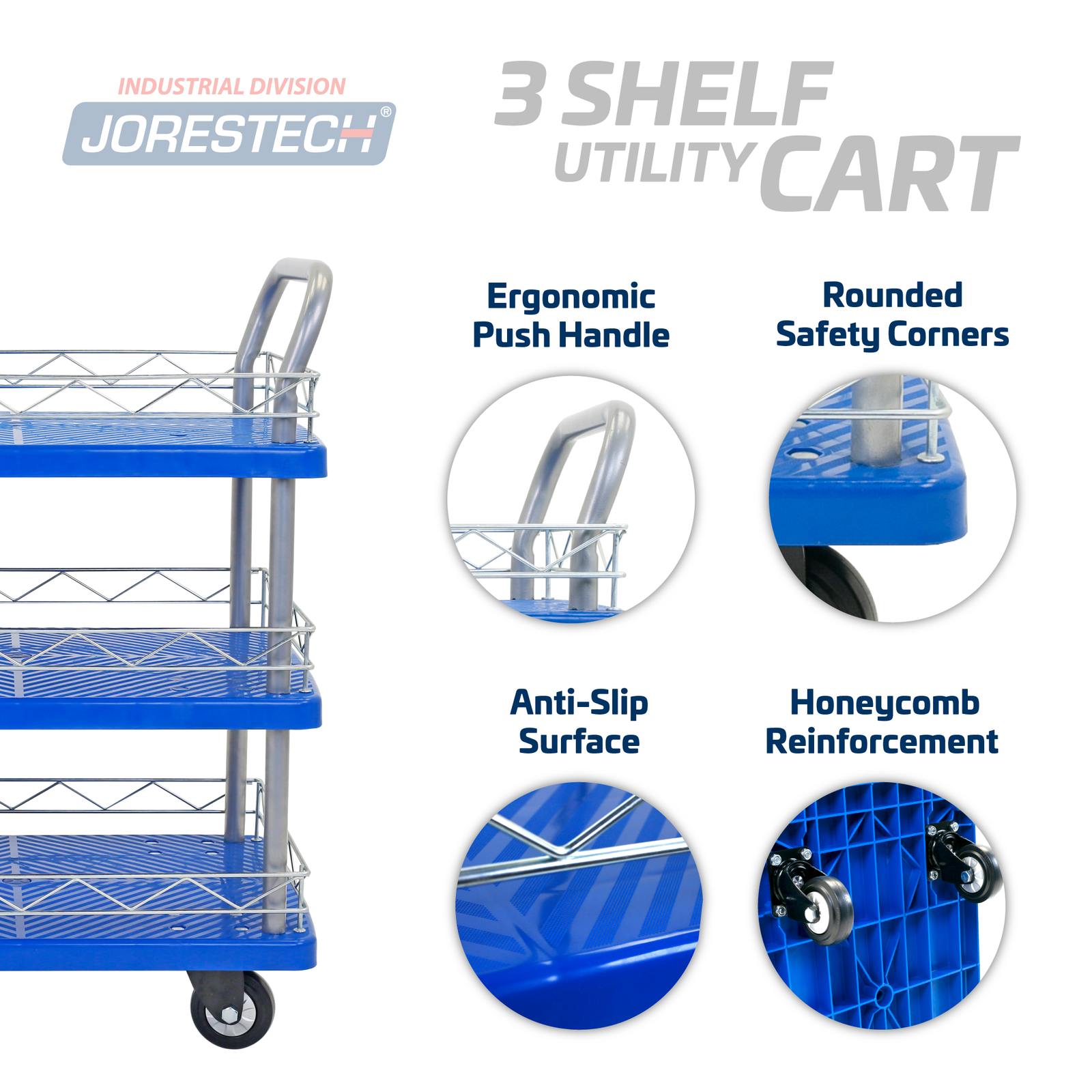 Features of the JORES TECHNOLOGIES® 3 shelf utility push cart. Features read: ergonomic push handle, rounded safety corners, anti-slip surface, honeycomb reinforcement.