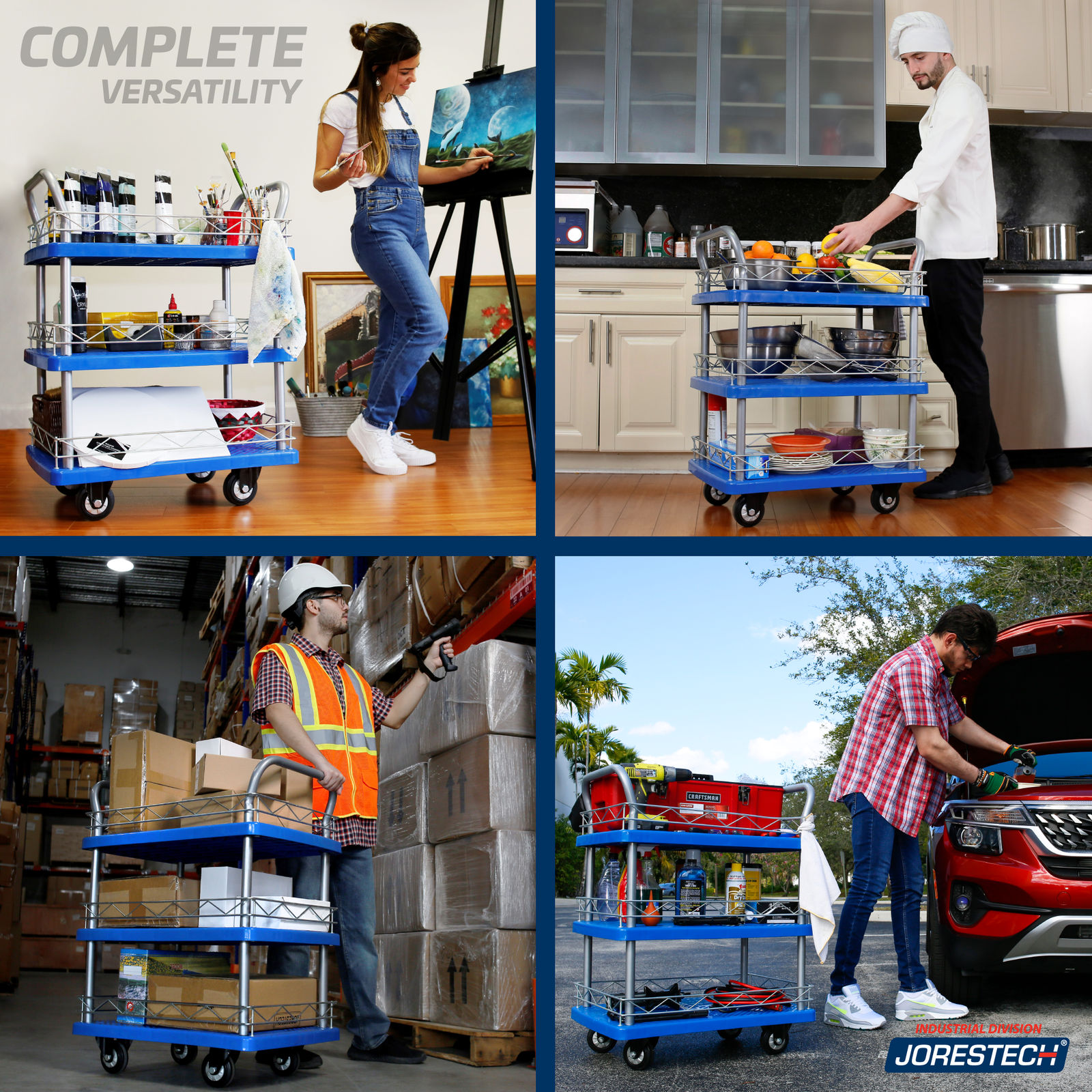 Banner split in four showing the JORES TECHNOLOGIES® 3 shelf utility cart being used in DYI projects, in a professional kitchen, in a warehouse, and by a car mechanic