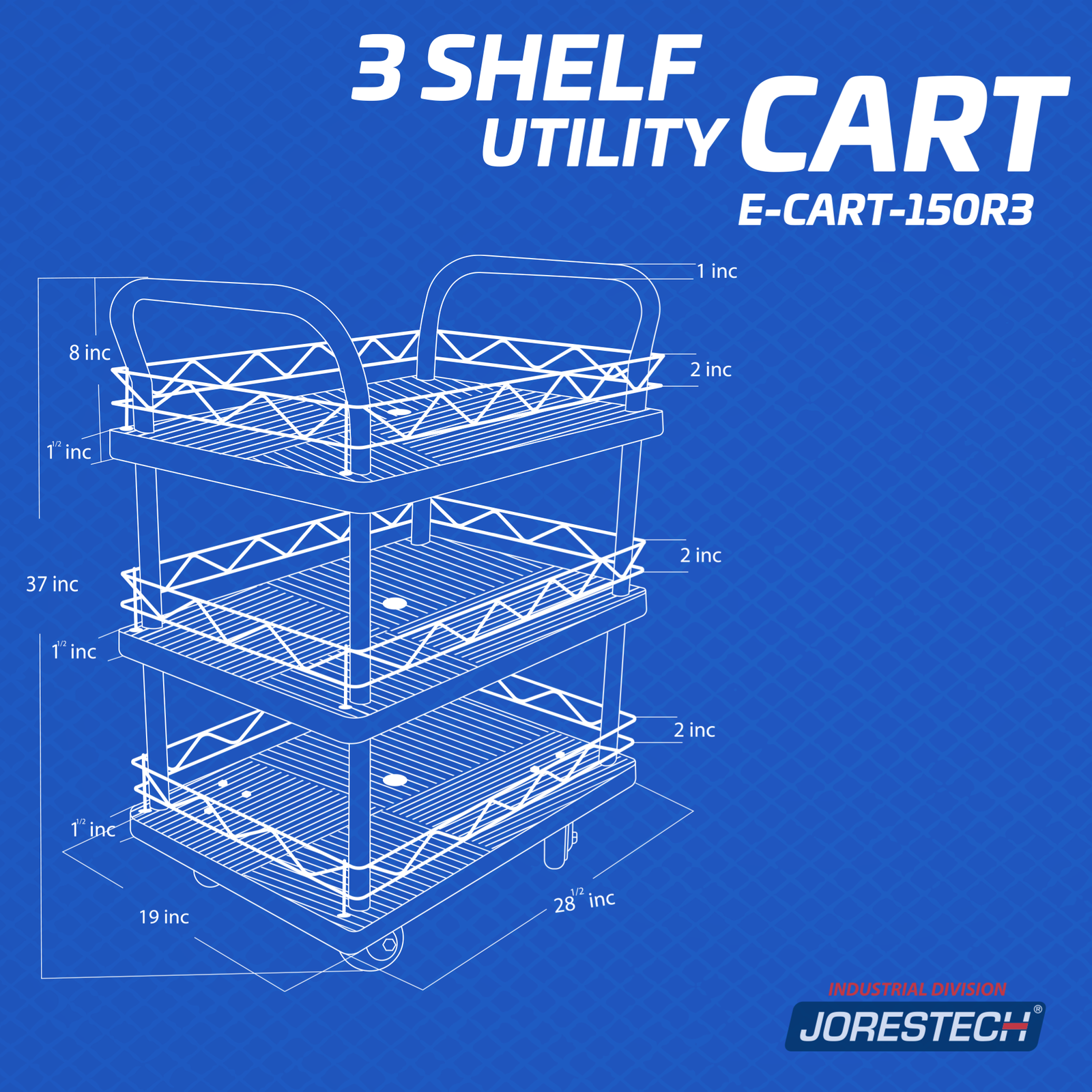 Graphic of the JORES TECHNOLOGIES® 3 shelf utility cart showing the measurements of the platforms of the cart, which are 28 x 19 inches